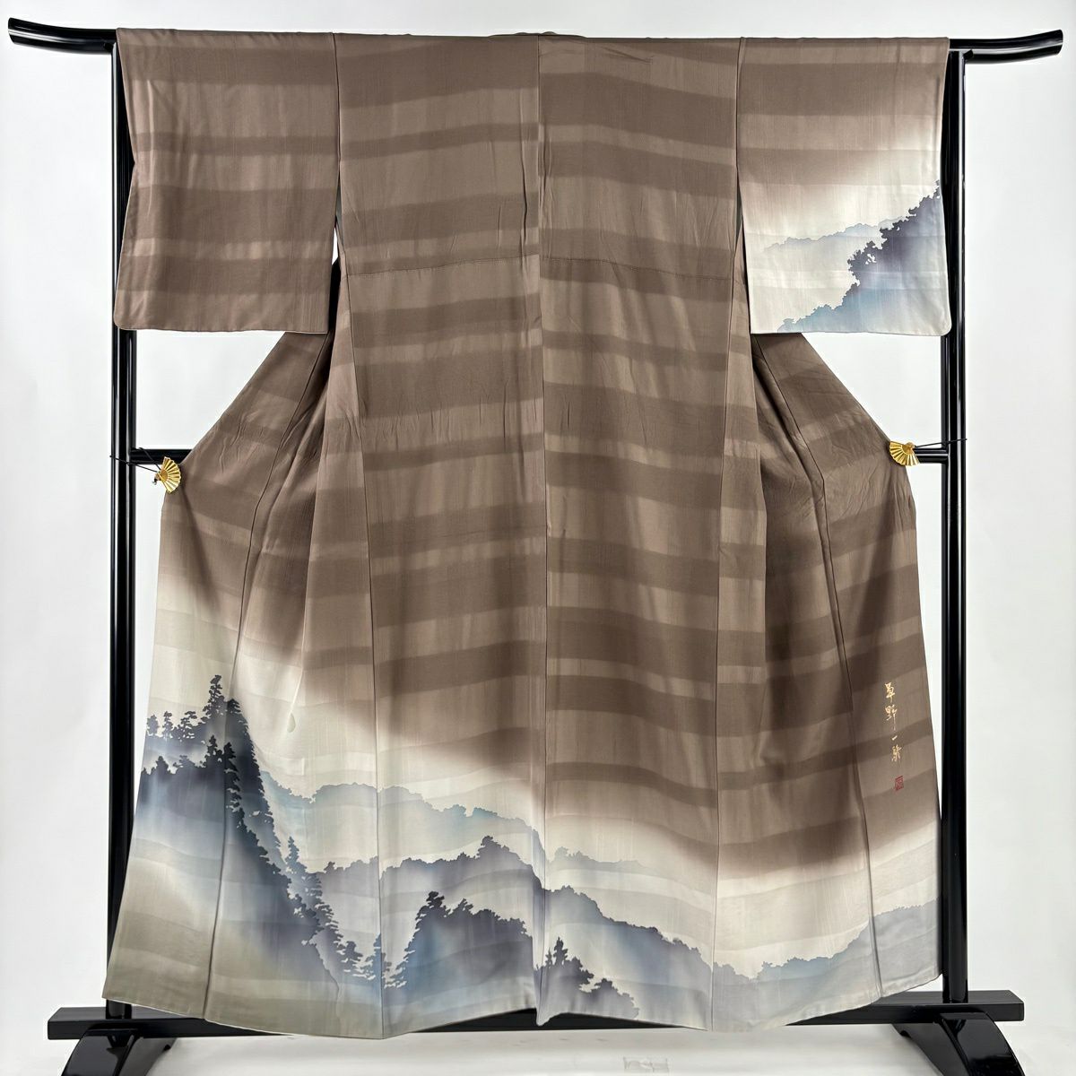 付下 身長157.5cm 袖長64cm M 雙層 草野一騎 落款あり 輪廓 月 ぼかし 茶 純蠶絲 名品級