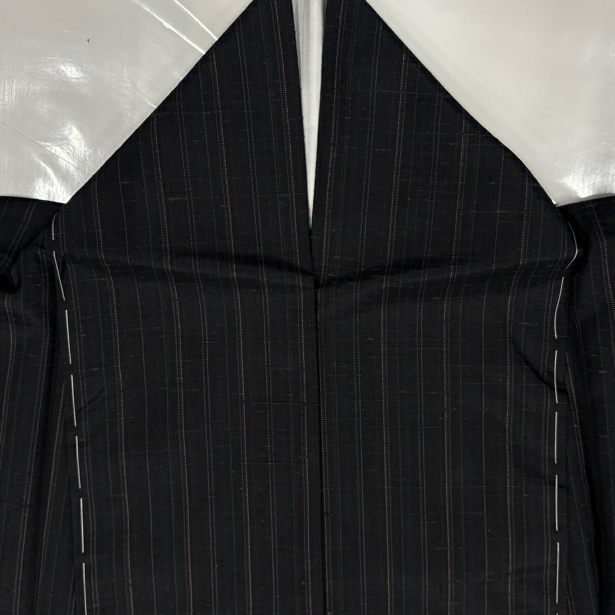 【美品】 付下 身長166.5cm 袖長66.5cm M 雙層 紬織織 縞紋 矢羽 墨色 純蠶絲 名品級