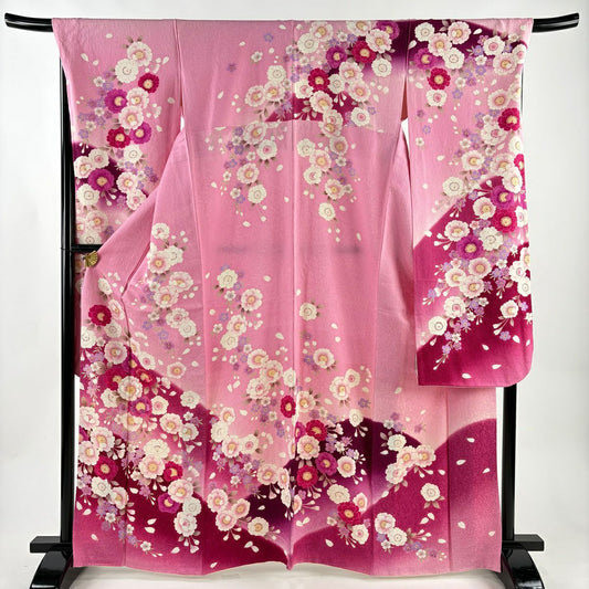 【美品】振袖禮服 身長165cm 袖長69cm L 雙層 櫻花花瓣 金銀彩 刺繡 粉紅 純蠶絲 名品級