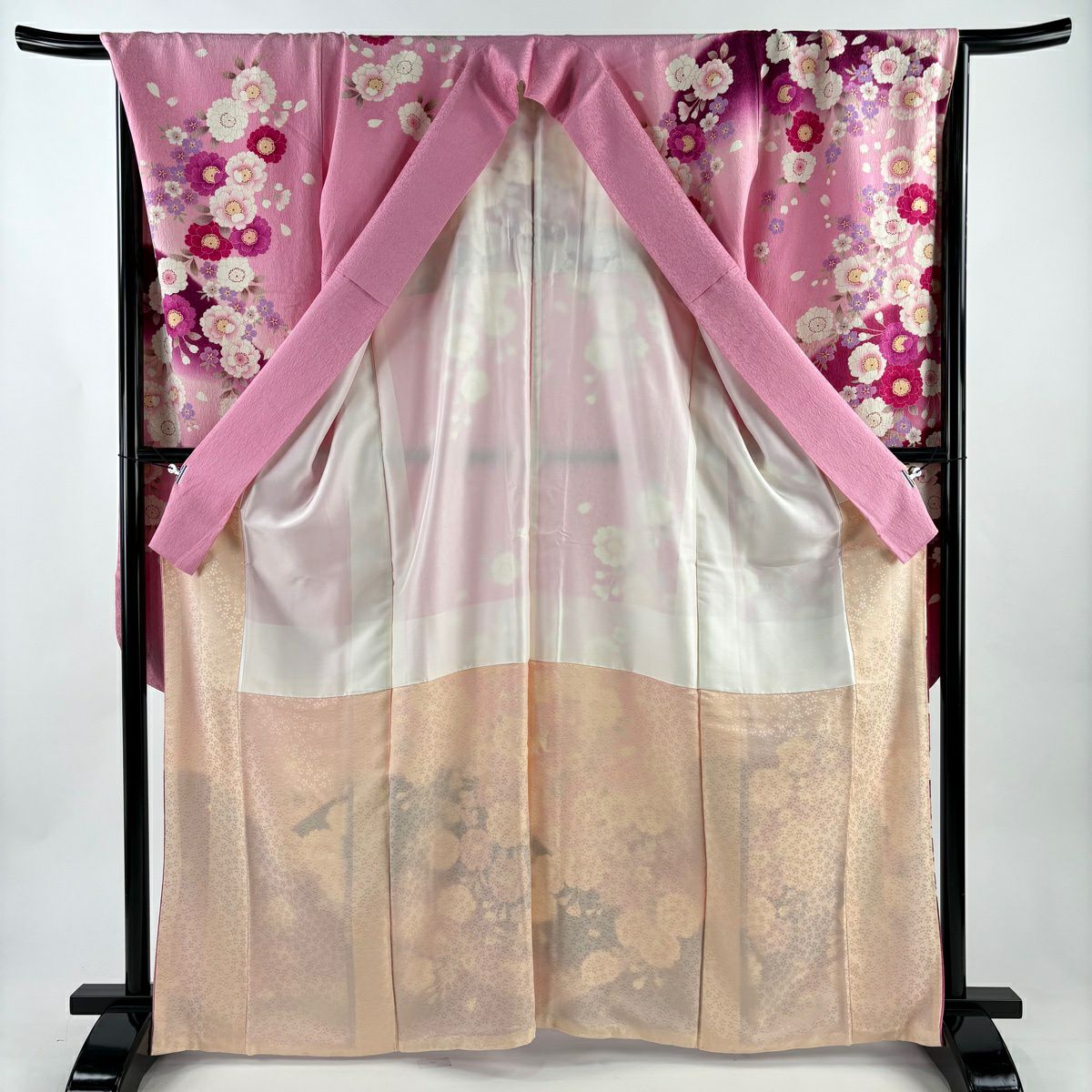 【美品】振袖禮服 身長165cm 袖長69cm L 雙層 櫻花花瓣 金銀彩 刺繡 粉紅 純蠶絲 名品級
