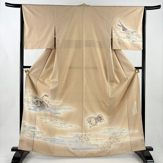 【美品】 付下 身長165.5cm 袖長64cm M 雙層 樽本伊勢蔵 結城紬織織地 落款あり 証紙あり 琵琶 文字文 金銀彩 漸變 薄茶 純蠶絲 名品級