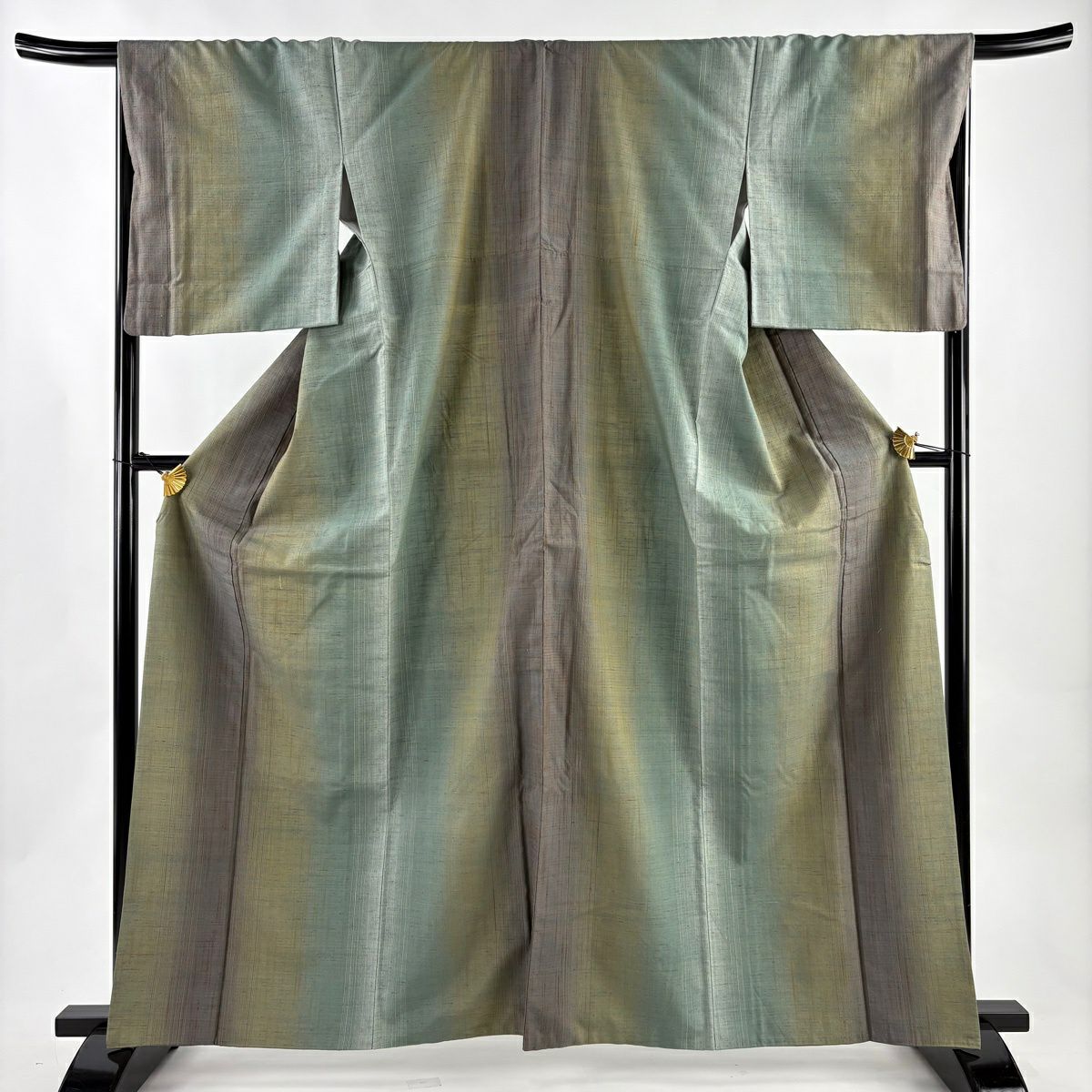 【美品】 紬織 身長162.5cm 袖長68.5cm L 雙層 縱條 鶯色 純蠶絲 名品級