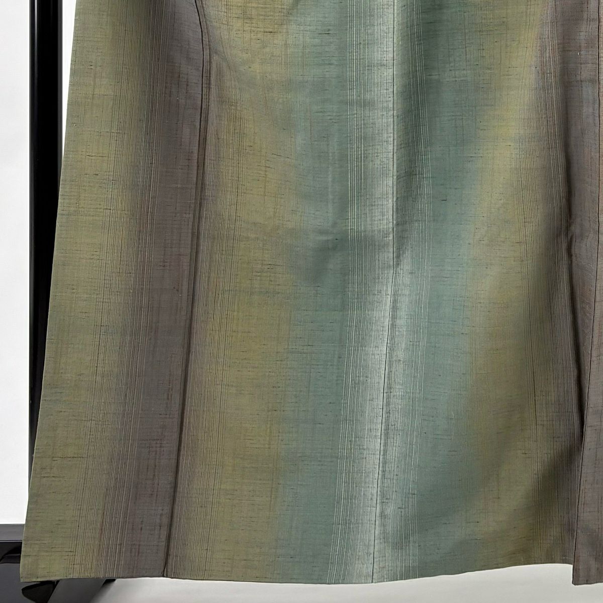 【美品】 紬織 身長162.5cm 袖長68.5cm L 雙層 縱條 鶯色 純蠶絲 名品級