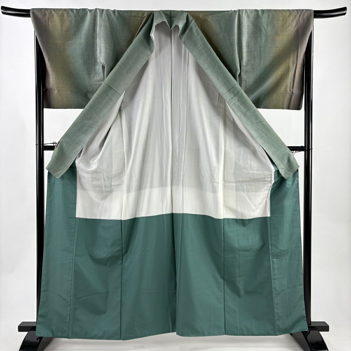【美品】 紬織 身長162.5cm 袖長68.5cm L 雙層 縱條 鶯色 純蠶絲 名品級