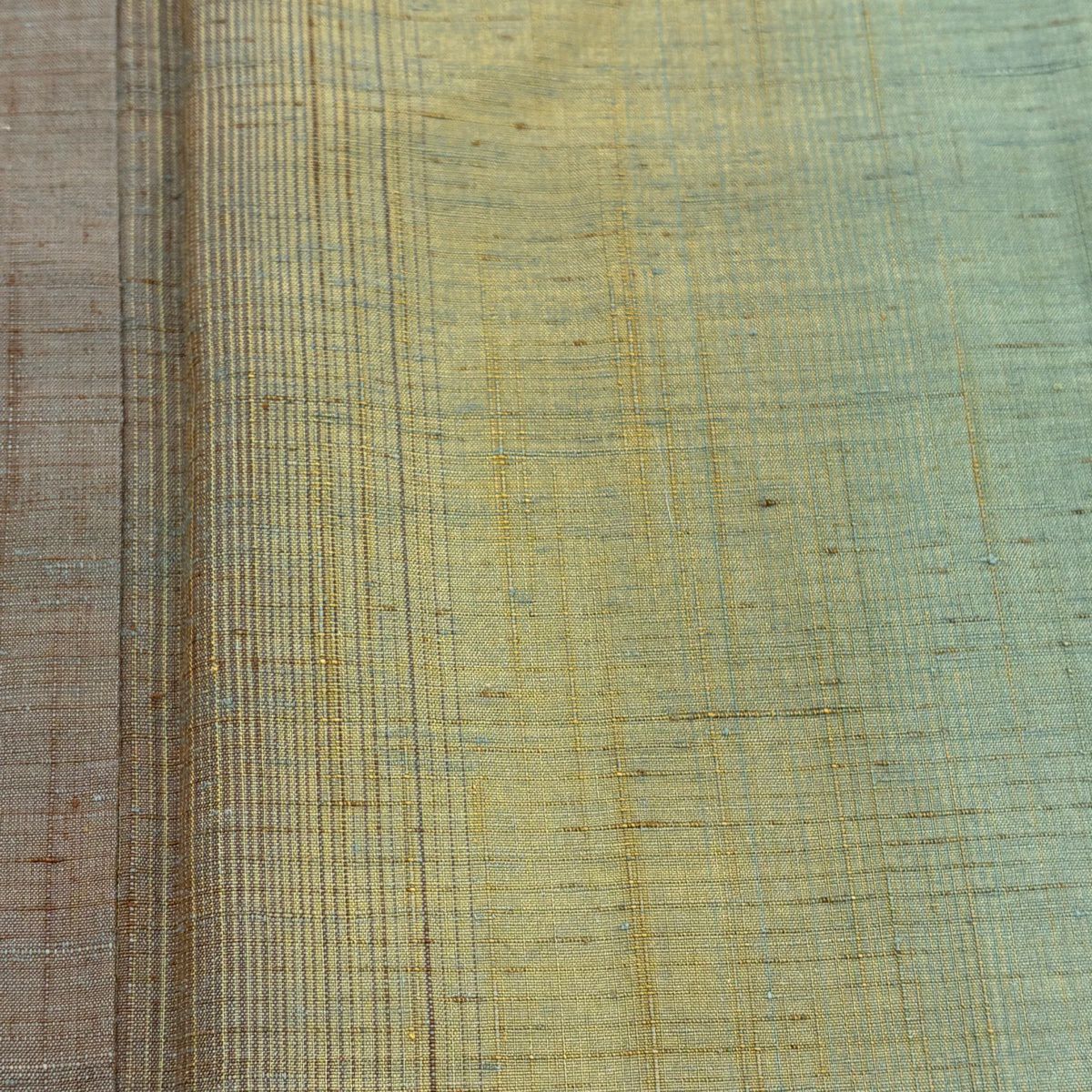 【美品】 紬織 身長162.5cm 袖長68.5cm L 雙層 縱條 鶯色 純蠶絲 名品級