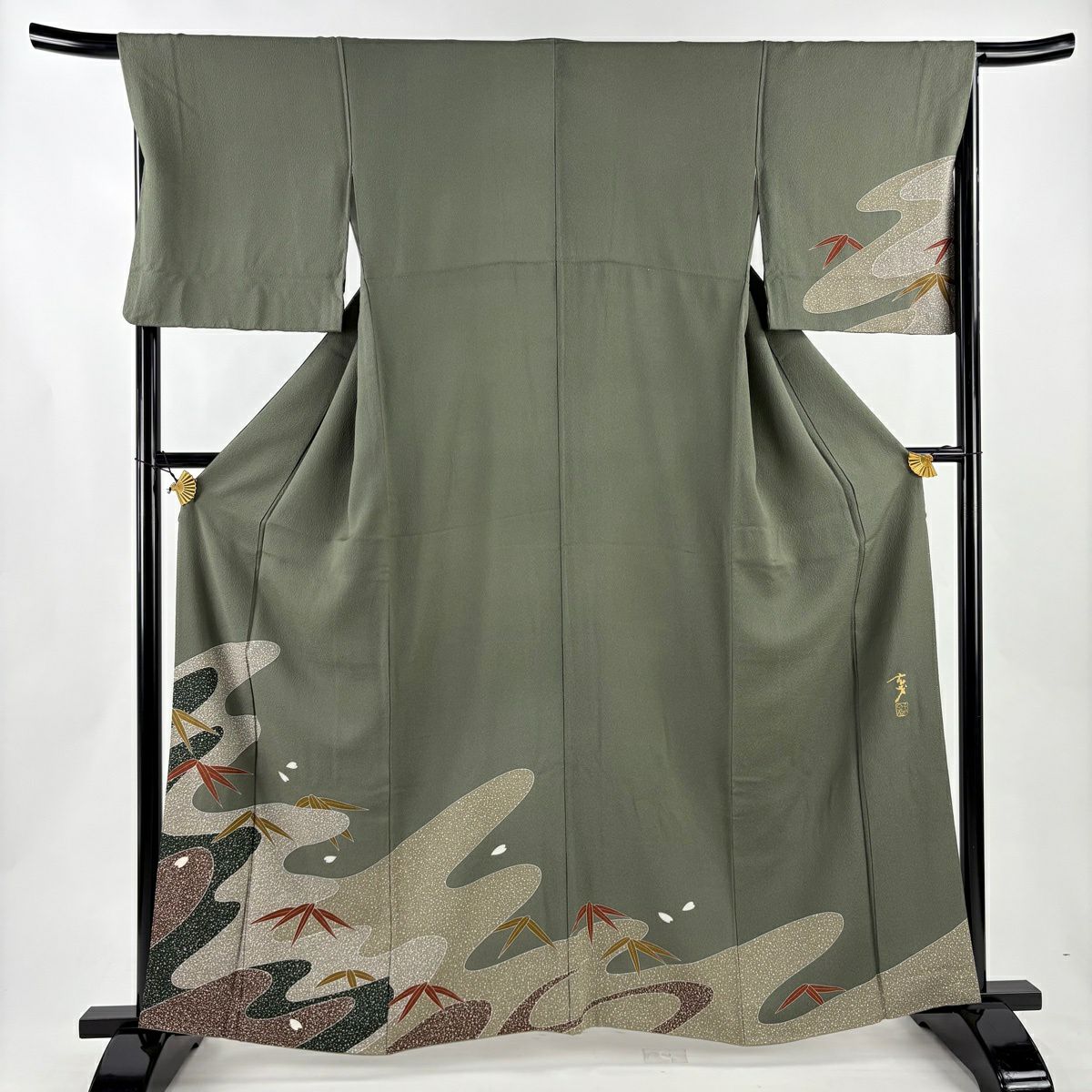 付下 身長160.5cm 袖長68cm L 雙層 大久保玄才 落款あり 笹 霞 金銀彩 灰綠 純蠶絲 名品級