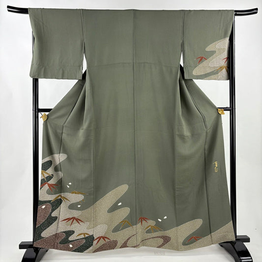 付下 身長160.5cm 袖長68cm L 雙層 大久保玄才 落款あり 笹 霞 金銀彩 灰綠 純蠶絲 名品級