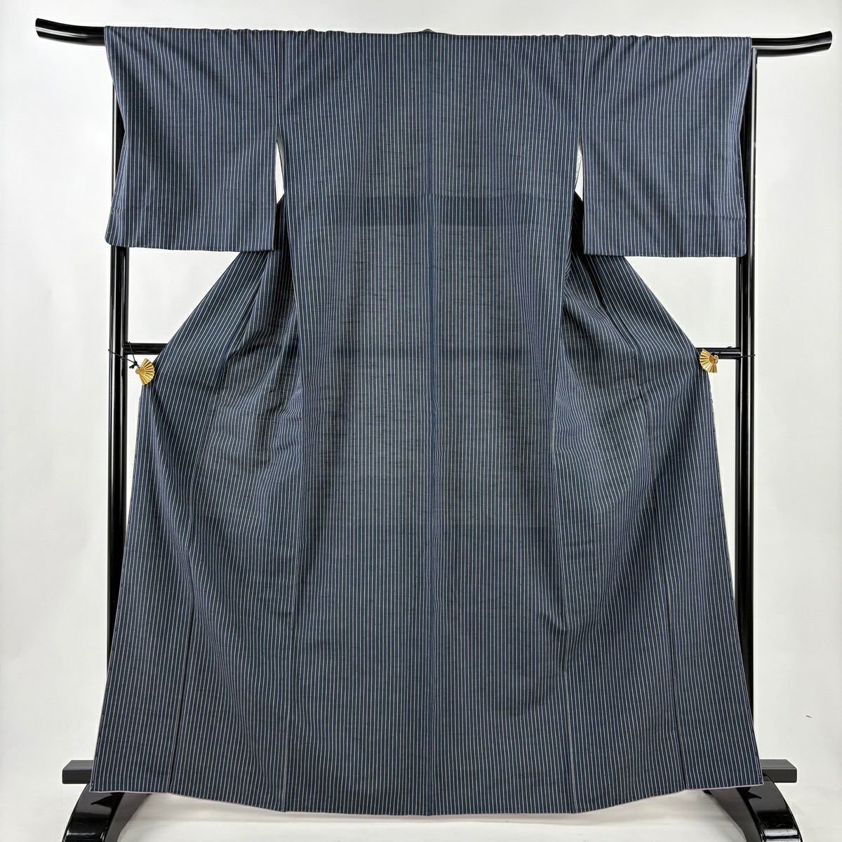 【美品】 紬織 身長166cm 袖長67cm M 雙層 證書齊全 條紋 深藍 純蠶絲 名品級