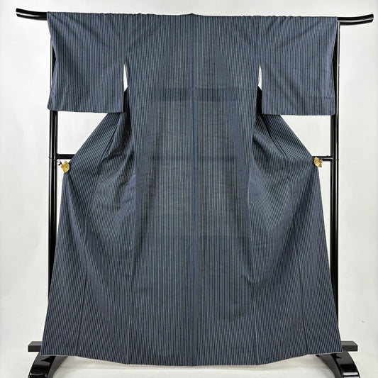 【美品】 紬織 身長166cm 袖長67cm M 雙層 證書齊全 條紋 深藍 純蠶絲 名品級