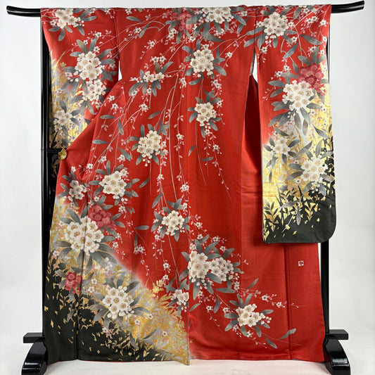 【美品】振袖禮服 身長170cm 袖長67.5cm L 雙層 櫻花 輪廓 金通 金金箔 朱紅 純蠶絲 名品級