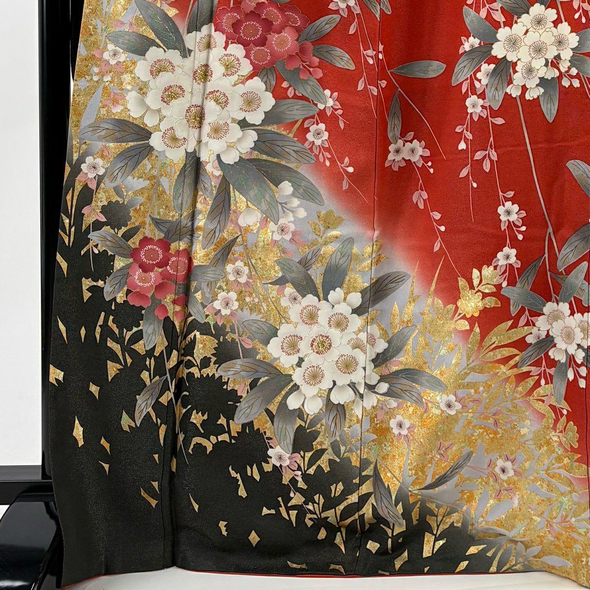 【美品】振袖禮服 身長170cm 袖長67.5cm L 雙層 櫻花 輪廓 金通 金金箔 朱紅 純蠶絲 名品級