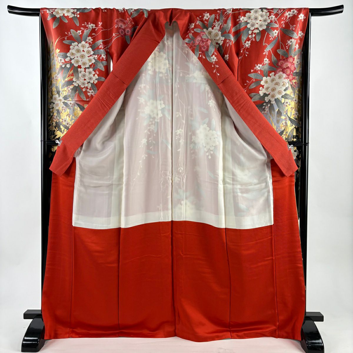 【美品】振袖禮服 身長170cm 袖長67.5cm L 雙層 櫻花 輪廓 金通 金金箔 朱紅 純蠶絲 名品級
