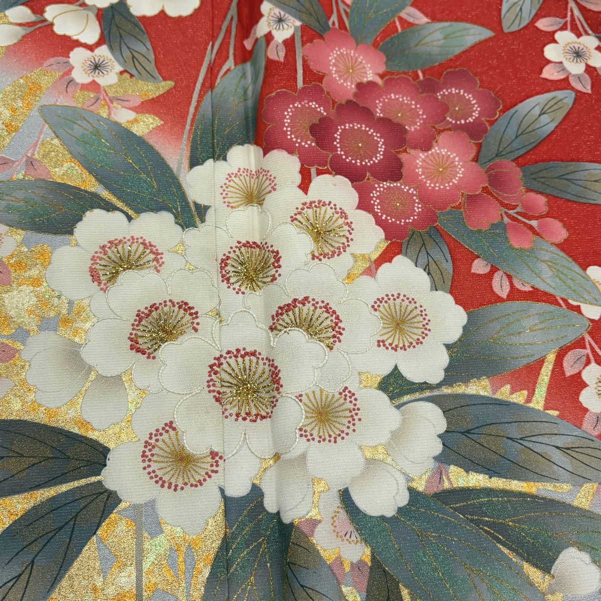 【美品】振袖禮服 身長170cm 袖長67.5cm L 雙層 櫻花 輪廓 金通 金金箔 朱紅 純蠶絲 名品級