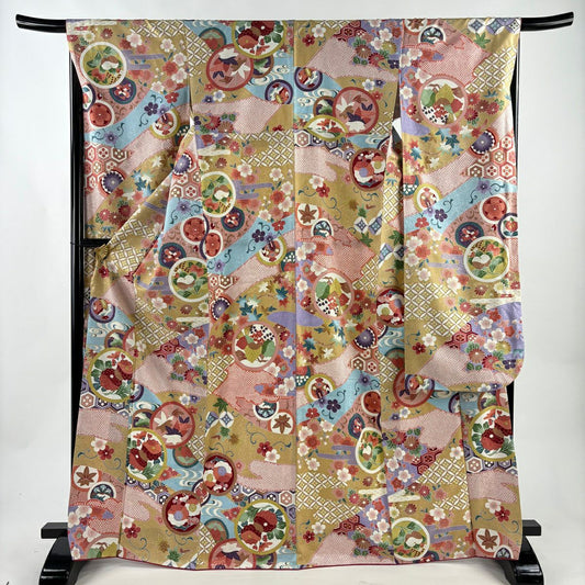 【美品】振袖禮服 身長169cm 袖長67cm M 雙層 鎌倉文 流水 金銀彩 薄茶 純蠶絲 名品級