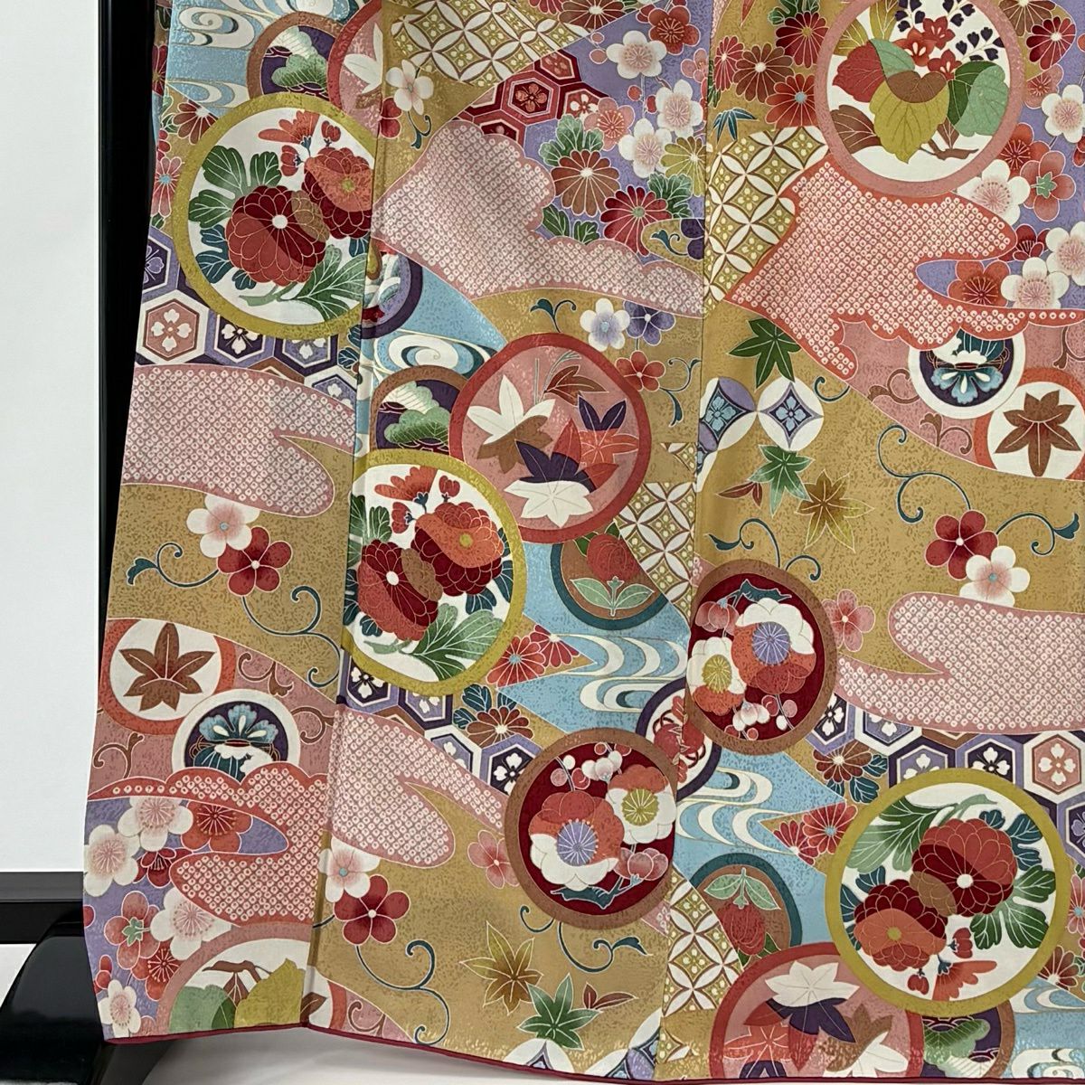 【美品】振袖禮服 身長169cm 袖長67cm M 雙層 鎌倉文 流水 金銀彩 薄茶 純蠶絲 名品級