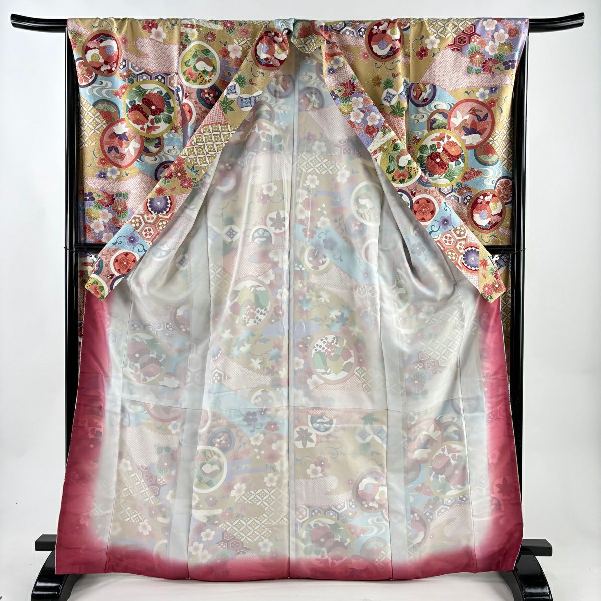 【美品】振袖禮服 身長169cm 袖長67cm M 雙層 鎌倉文 流水 金銀彩 薄茶 純蠶絲 名品級