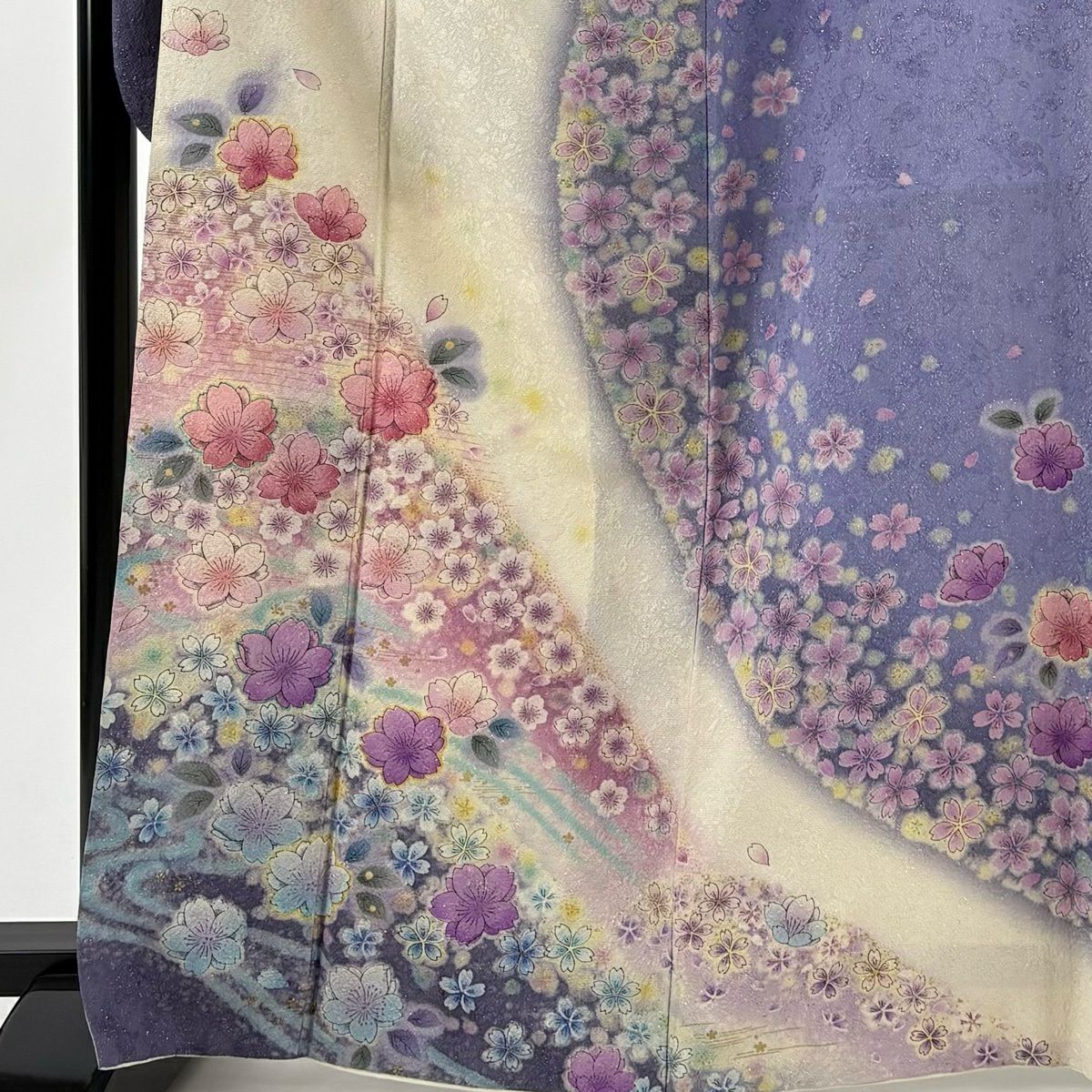 振袖禮服 身長167cm 袖長68cm L 雙層 櫻花 流水 金通 金銀彩 奶油色 純蠶絲 名品級