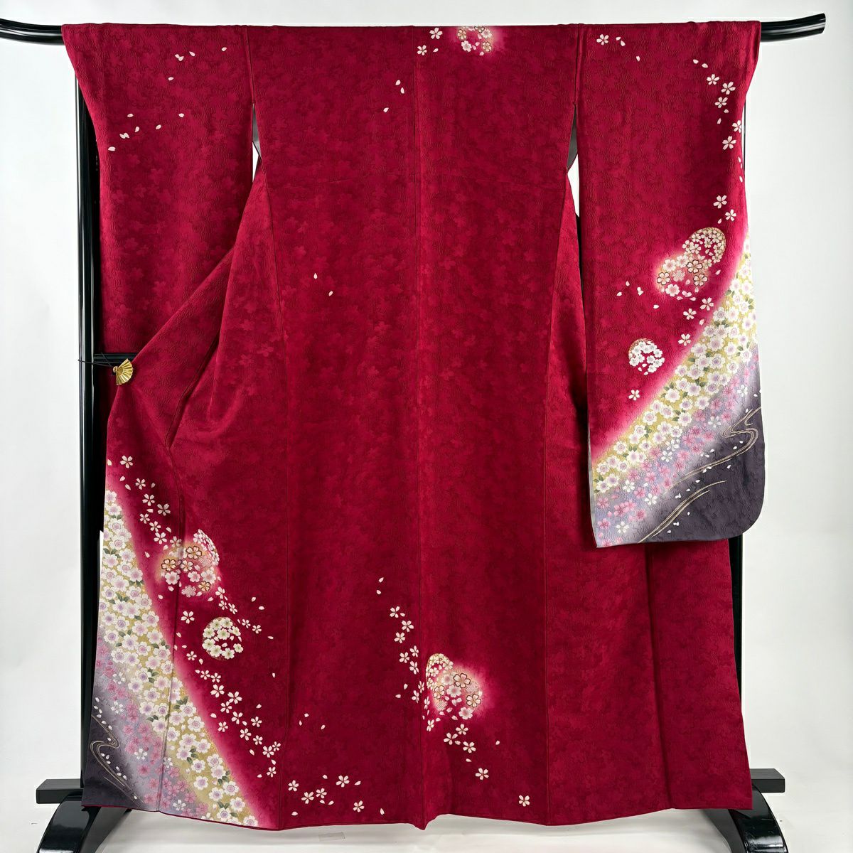 【美品】振袖禮服 身長163cm 袖長69cm L 雙層 花丸紋櫻花 金絲 金銀彩 紅 純蠶絲 名品級