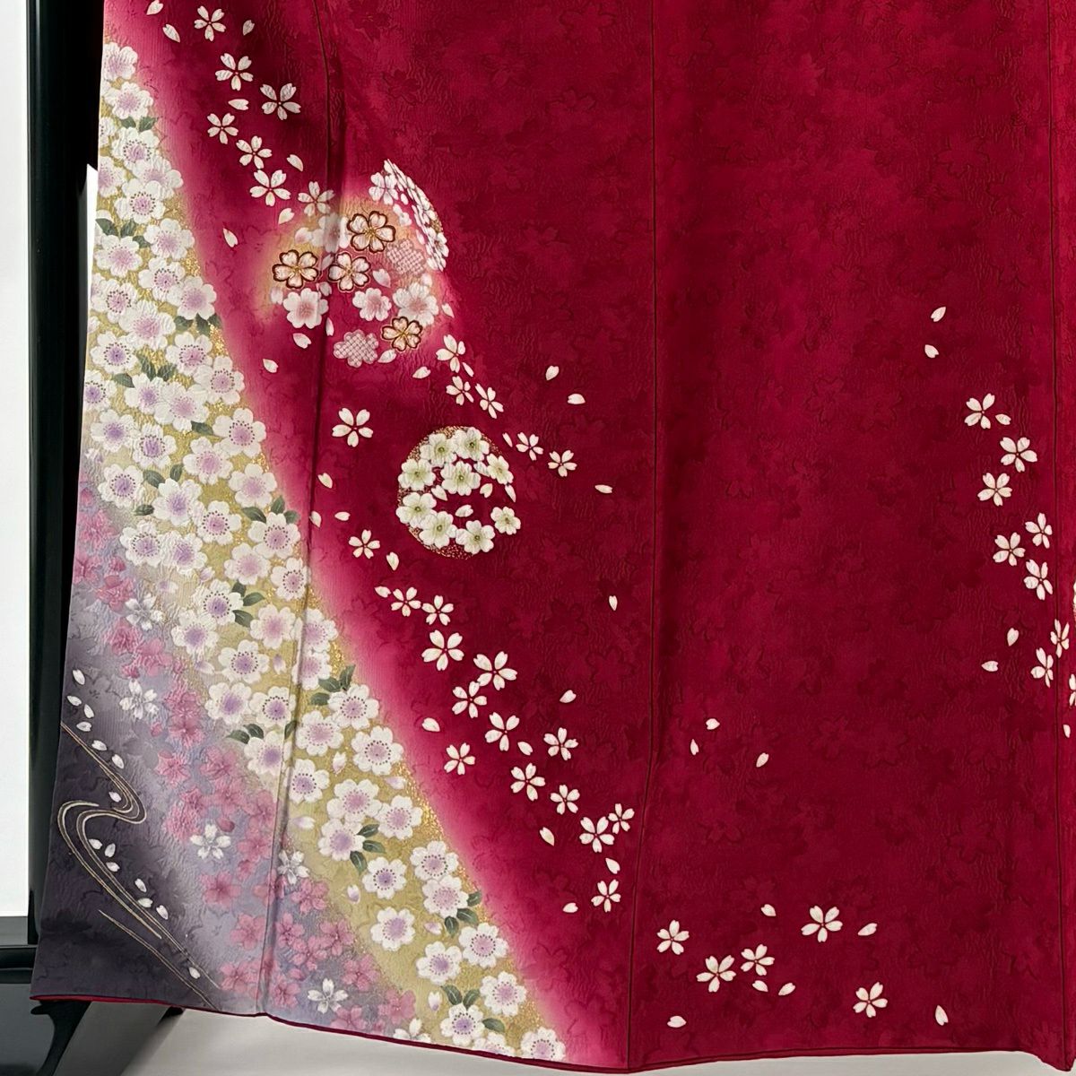 【美品】振袖禮服 身長163cm 袖長69cm L 雙層 花丸紋櫻花 金絲 金銀彩 紅 純蠶絲 名品級