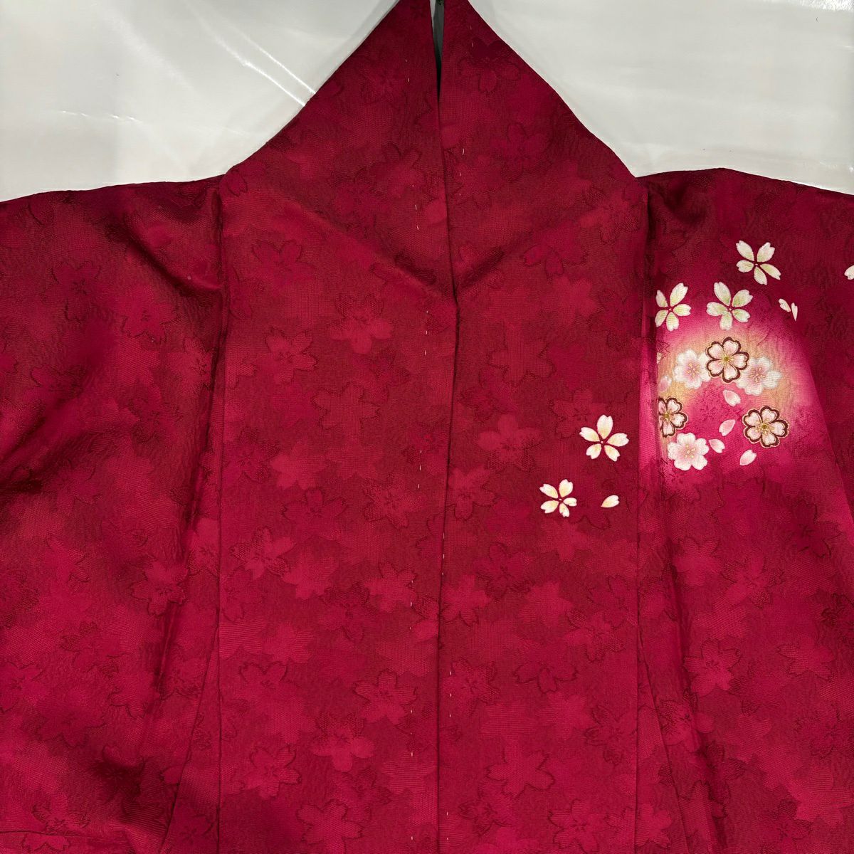 【美品】振袖禮服 身長163cm 袖長69cm L 雙層 花丸紋櫻花 金絲 金銀彩 紅 純蠶絲 名品級