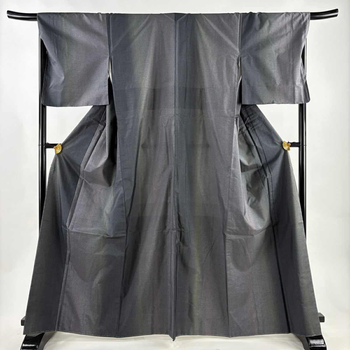 【美品】 大島紬織 身長165cm 袖長68cm L 雙層 鈴乃屋 幾何學 縱向漸變 灰綠 純蠶絲 名品級