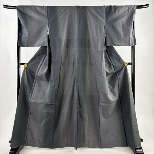 【美品】 大島紬織 身長165cm 袖長68cm L 雙層 鈴乃屋 幾何學 縱向漸變 灰綠 純蠶絲 名品級