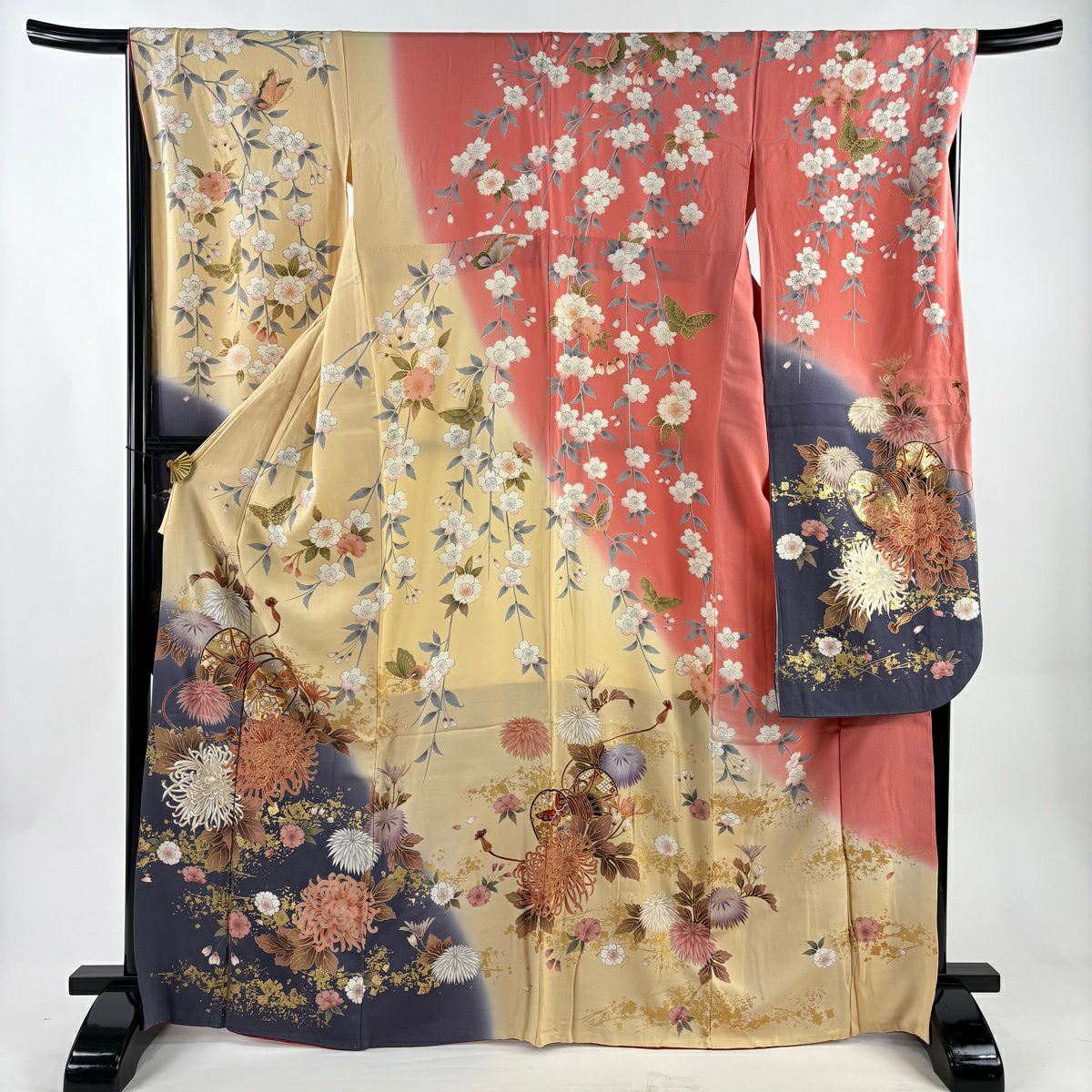 振袖禮服 身長168cm 袖長67cm M 雙層 鼓 亂菊花 金銀彩 染分 裸色 純蠶絲 名品級