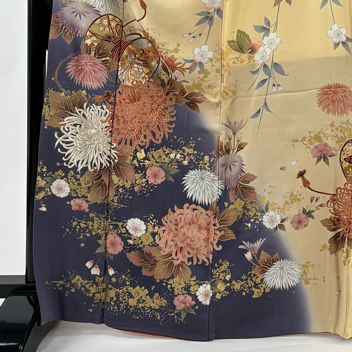 振袖禮服 身長168cm 袖長67cm M 雙層 鼓 亂菊花 金銀彩 染分 裸色 純蠶絲 名品級