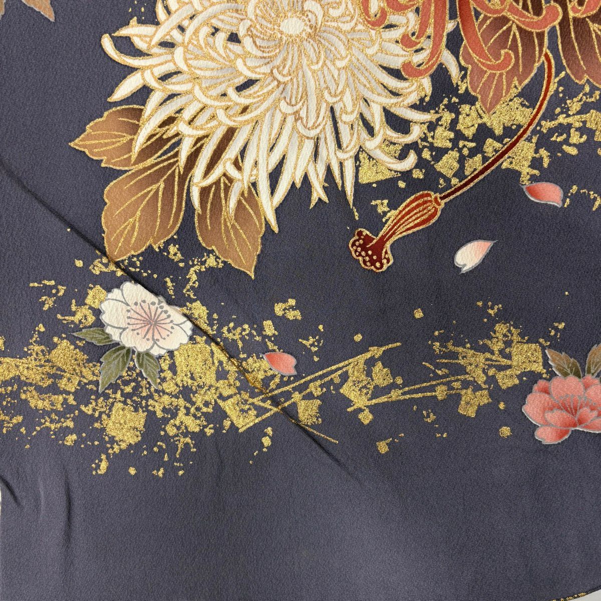 振袖禮服 身長168cm 袖長67cm M 雙層 鼓 亂菊花 金銀彩 染分 裸色 純蠶絲 名品級