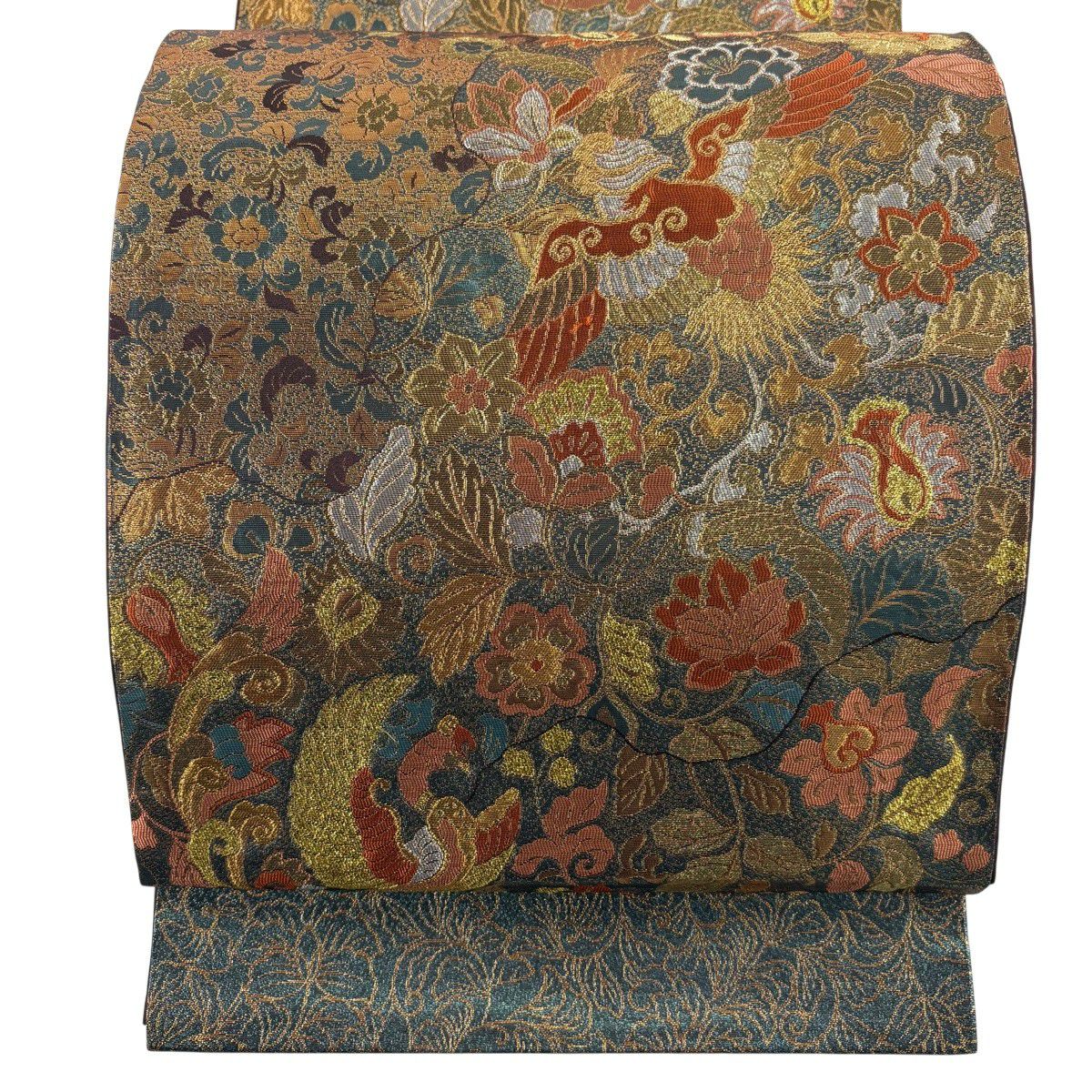 【美品】 袋帶 秀品級 草花紋紋 鳥 金金箔 金線 銀 六通 純蠶絲