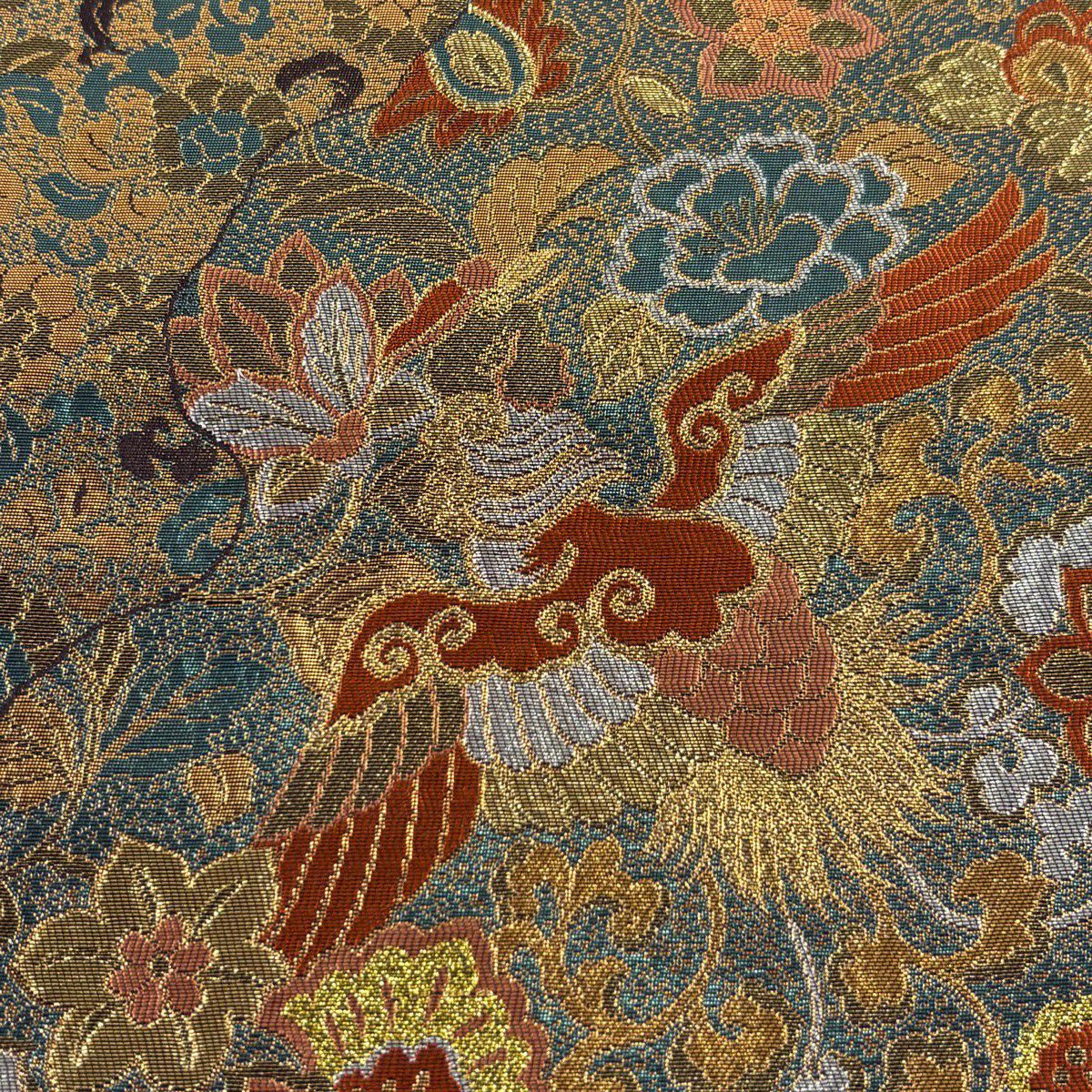 【美品】 袋帶 秀品級 草花紋紋 鳥 金金箔 金線 銀 六通 純蠶絲