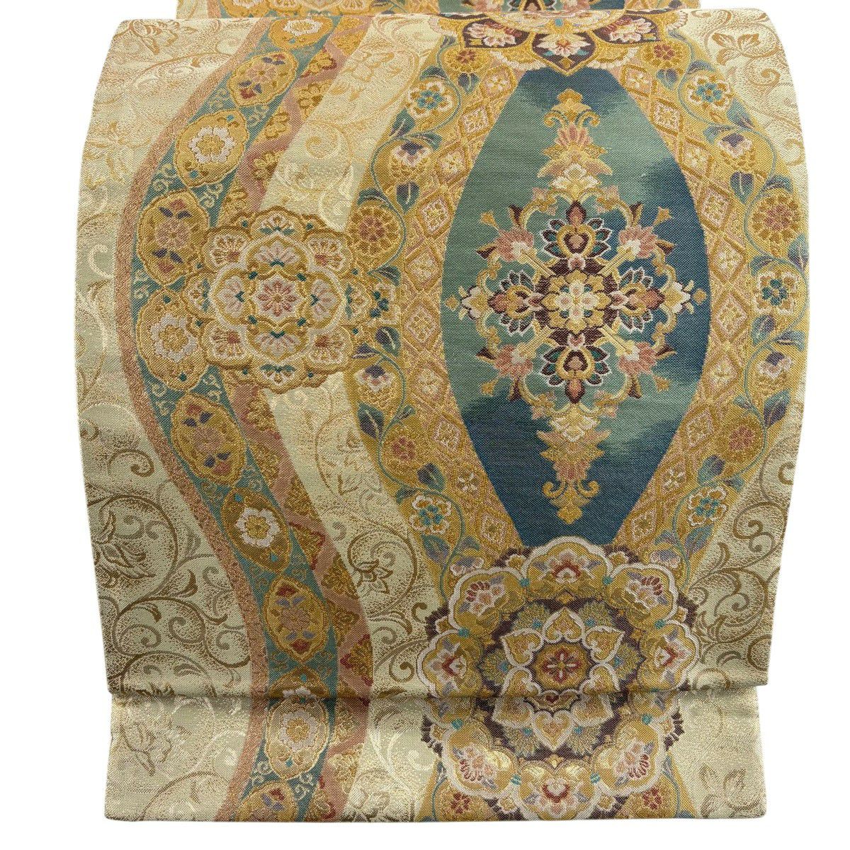 【美品】 袋帶 秀品級 華紋 立涌 金金箔 金絲 奶油 六通 純蠶絲