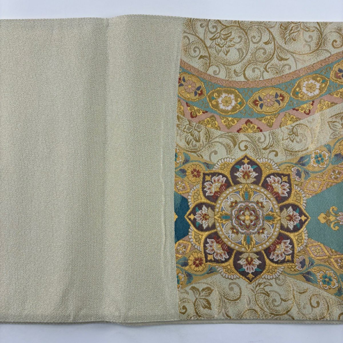 【美品】 袋帶 秀品級 華紋 立涌 金金箔 金絲 奶油 六通 純蠶絲