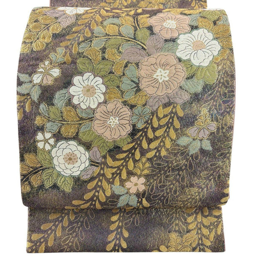 【美品】 袋帶 優品級 辻花染圖案 金金箔 紫色 大鼓圖案 純蠶絲