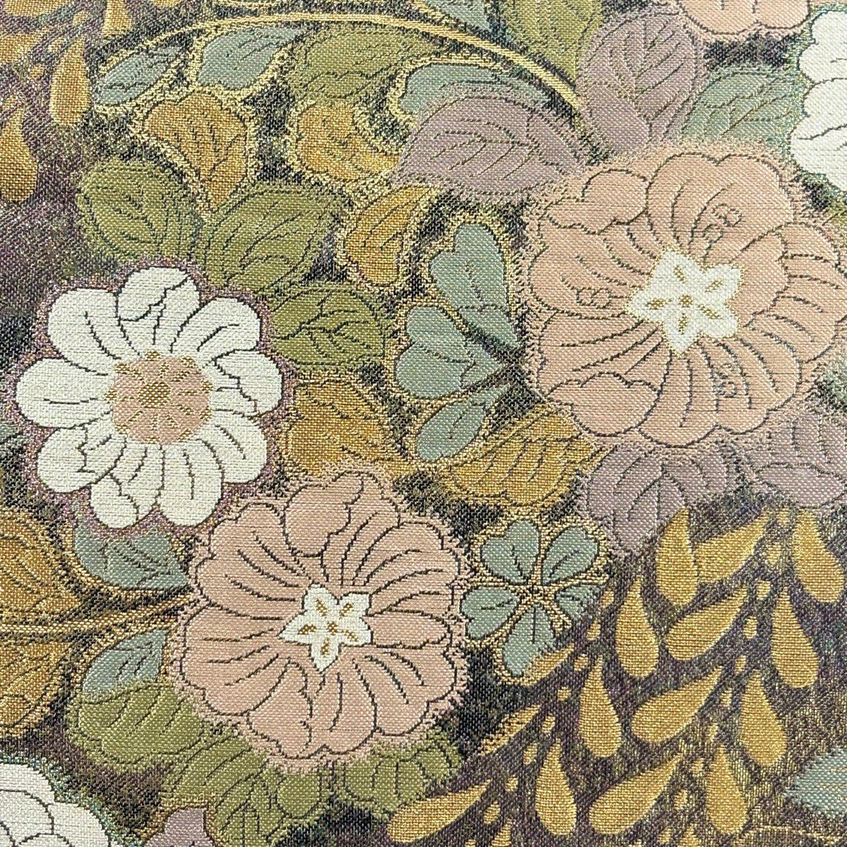 【美品】 袋帶 優品級 辻花染圖案 金金箔 紫色 大鼓圖案 純蠶絲