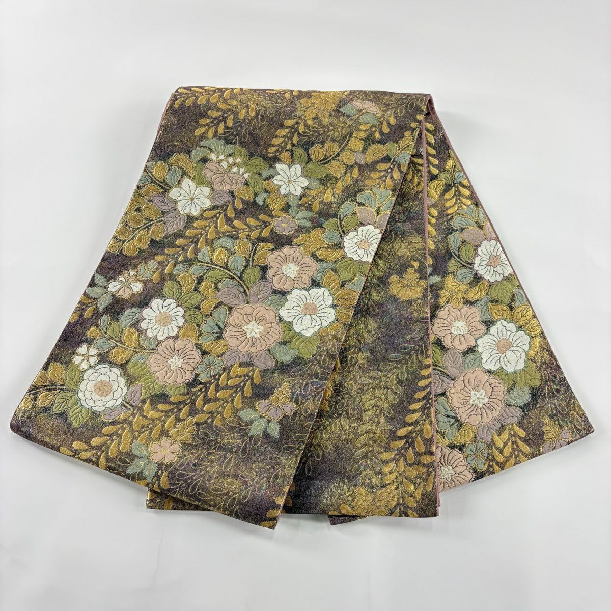 【美品】 袋帶 優品級 辻花染圖案 金金箔 紫色 大鼓圖案 純蠶絲