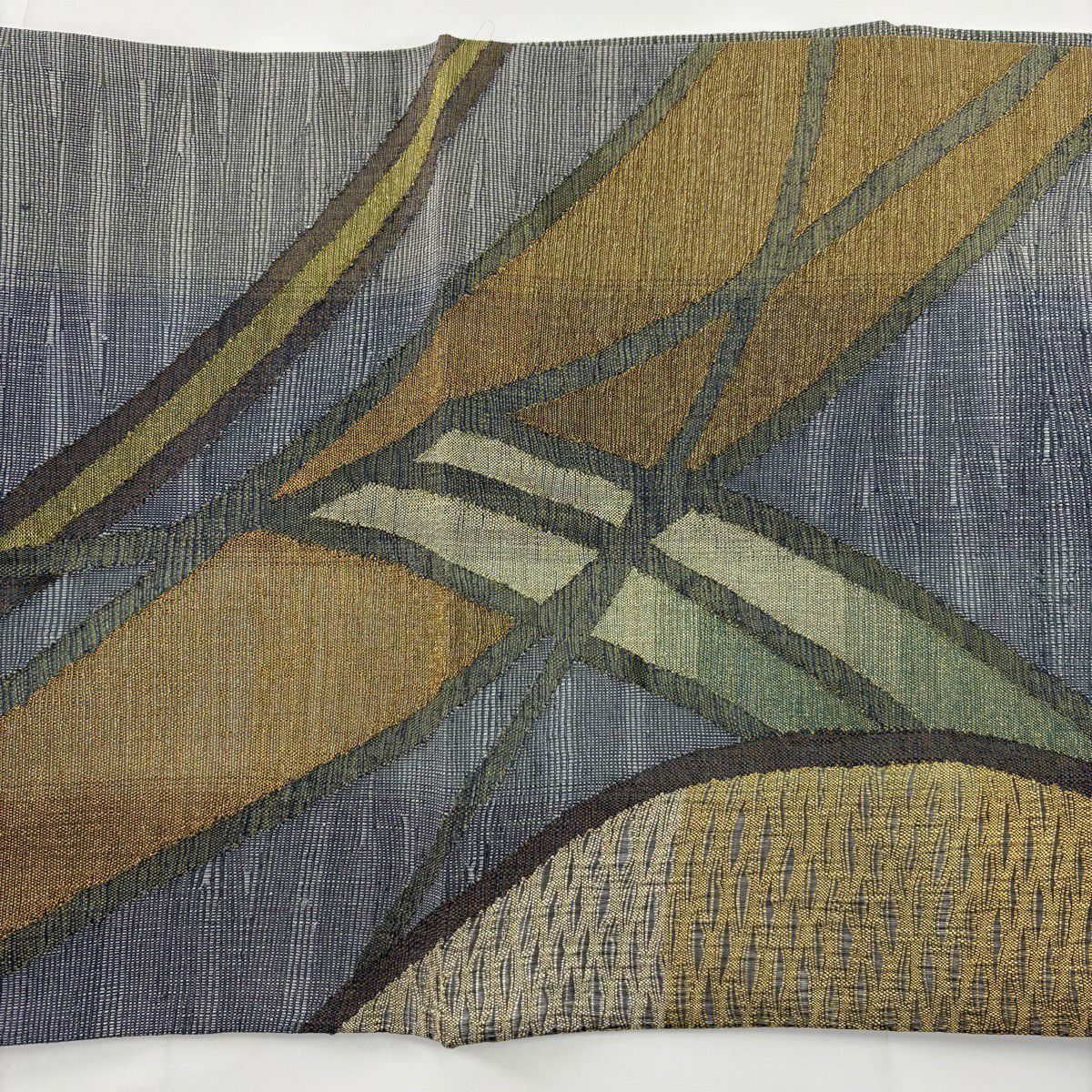 【美品】 袋帶 秀品級 幾何學 金絲 青灰 深藍色 お太鼓圖案 純蠶絲