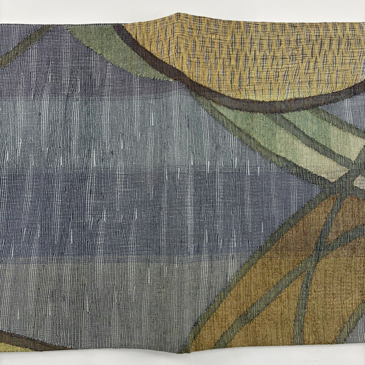 【美品】 袋帶 秀品級 幾何學 金絲 青灰 深藍色 お太鼓圖案 純蠶絲