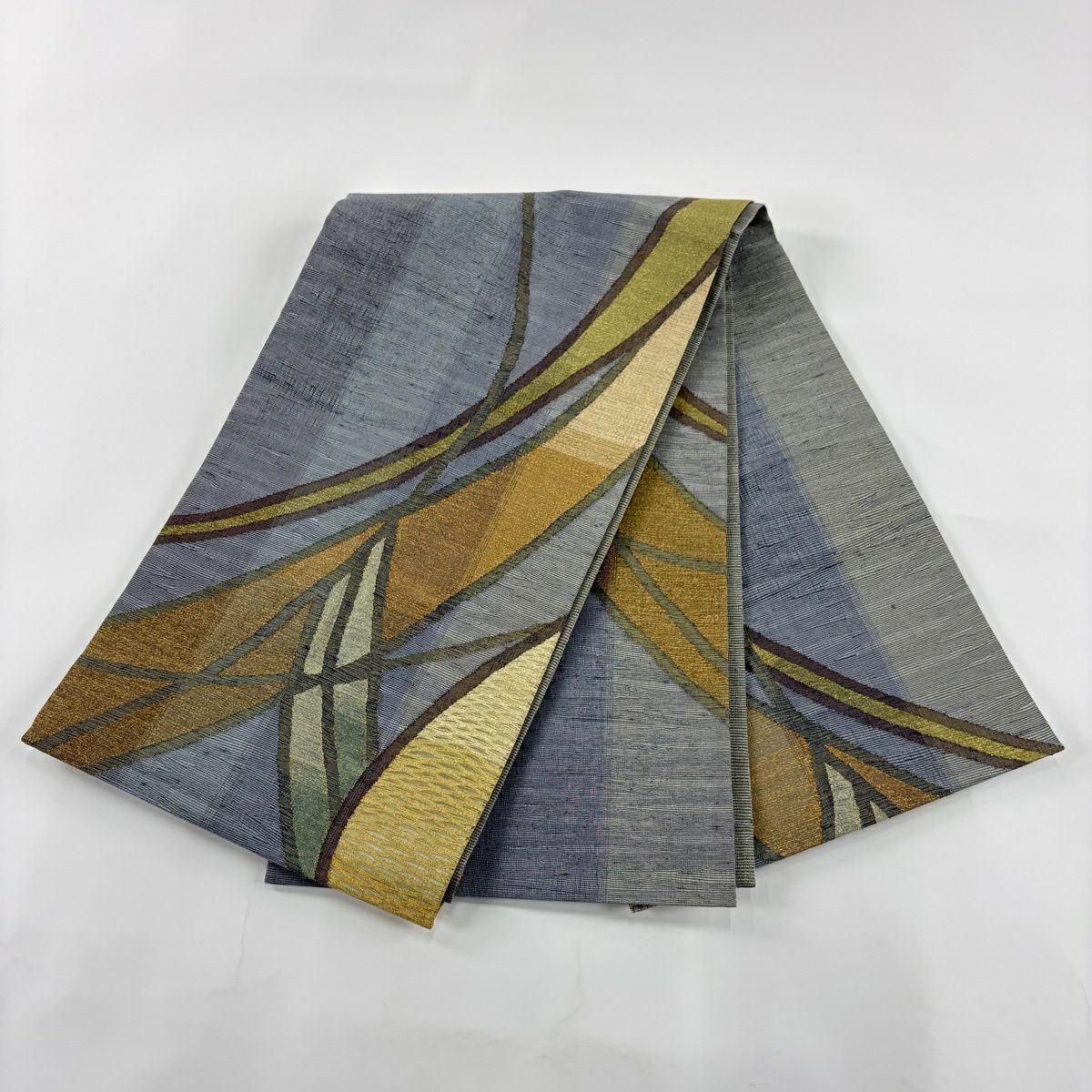 【美品】 袋帶 秀品級 幾何學 金絲 青灰 深藍色 お太鼓圖案 純蠶絲
