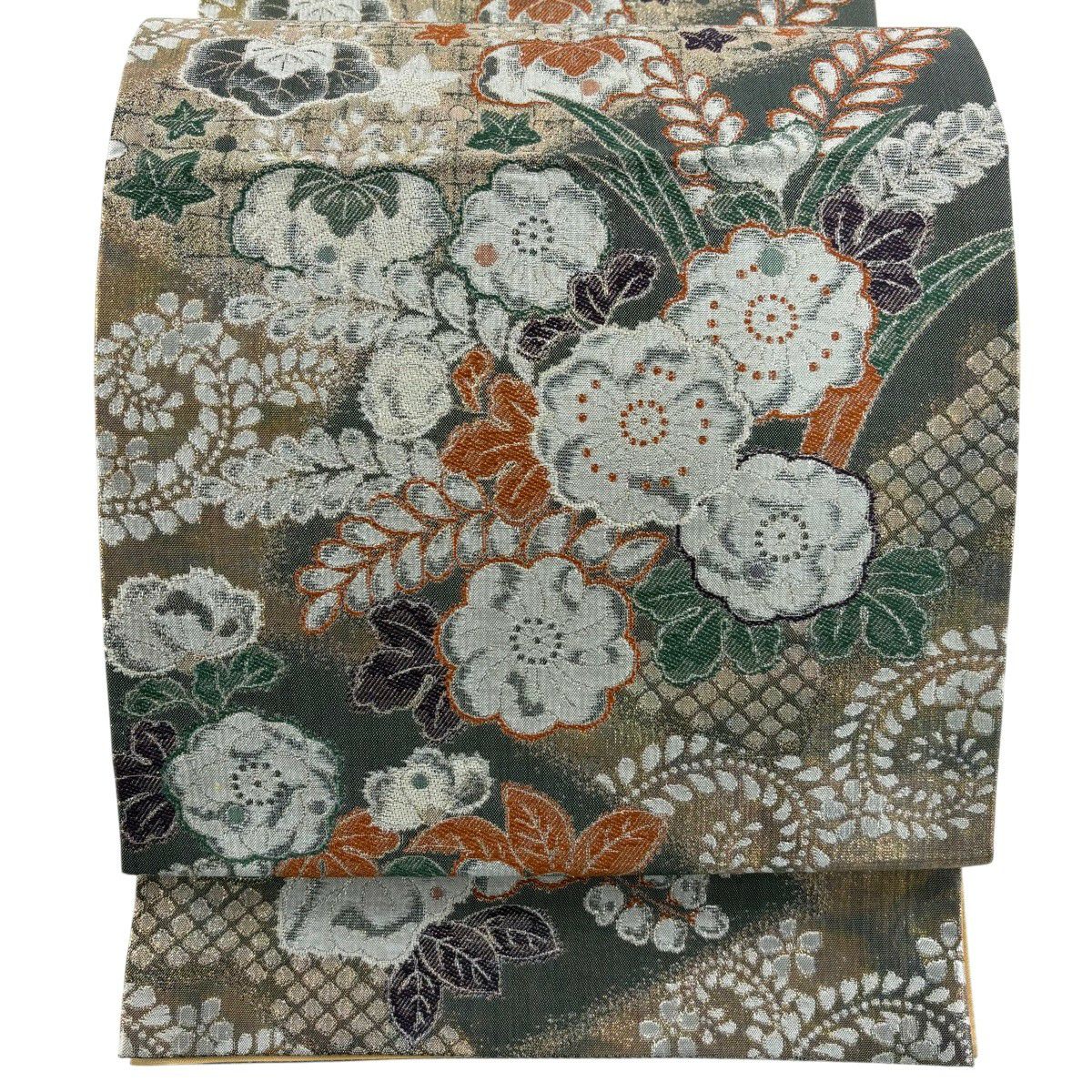 【美品】 袋帶 秀品級 辻花染圖案 桐 金金箔 黑灰 六通 純蠶絲