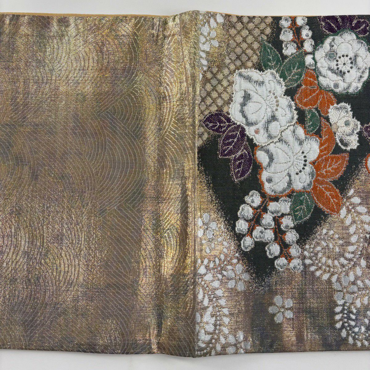 【美品】 袋帶 秀品級 辻花染圖案 桐 金金箔 黑灰 六通 純蠶絲