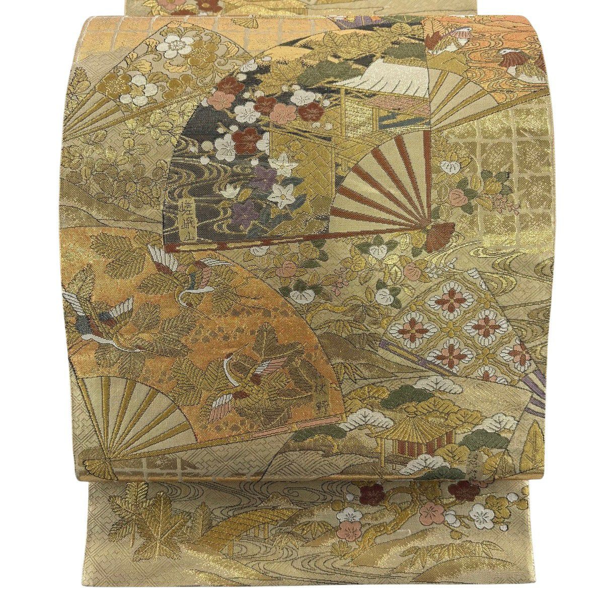 【美品】 袋帶 秀品級 扇子子 松樹竹子梅花 金金箔 金絲 金色 全通 純蠶絲
