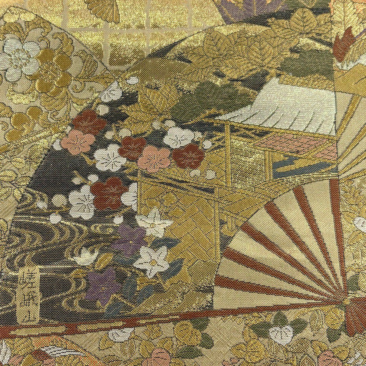 【美品】 袋帶 秀品級 扇子子 松樹竹子梅花 金金箔 金絲 金色 全通 純蠶絲