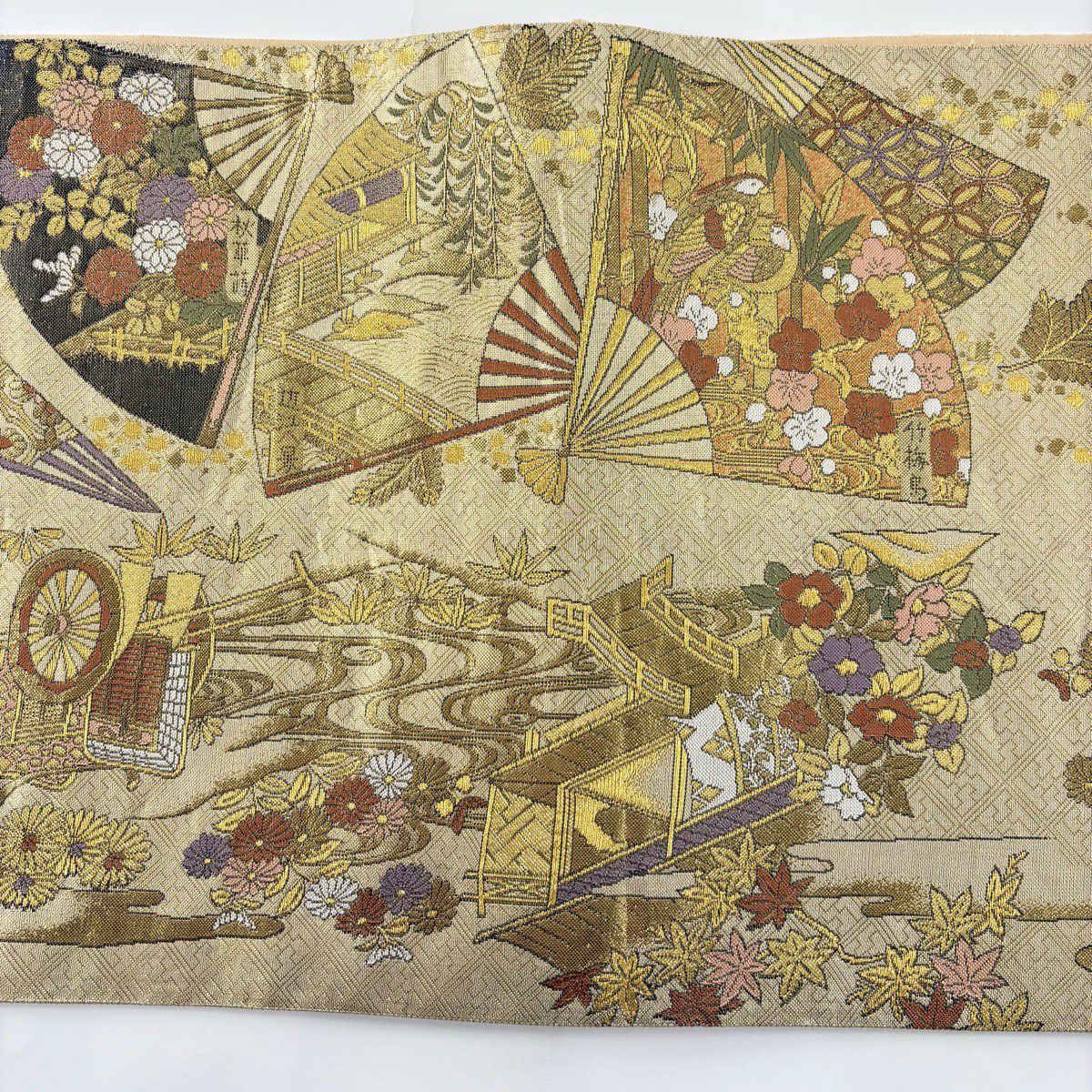 【美品】 袋帶 秀品級 扇子子 松樹竹子梅花 金金箔 金絲 金色 全通 純蠶絲