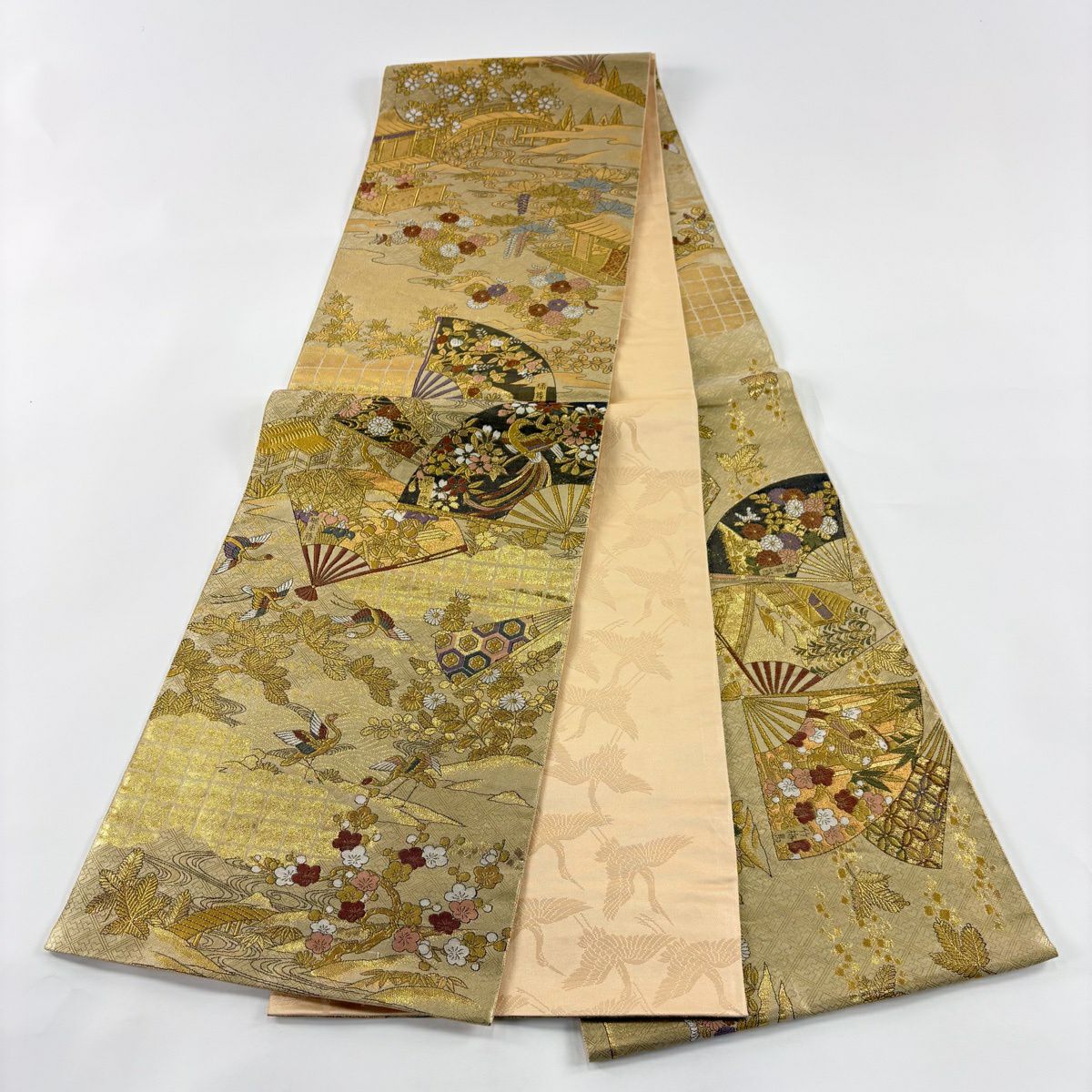 【美品】 袋帶 秀品級 扇子子 松樹竹子梅花 金金箔 金絲 金色 全通 純蠶絲
