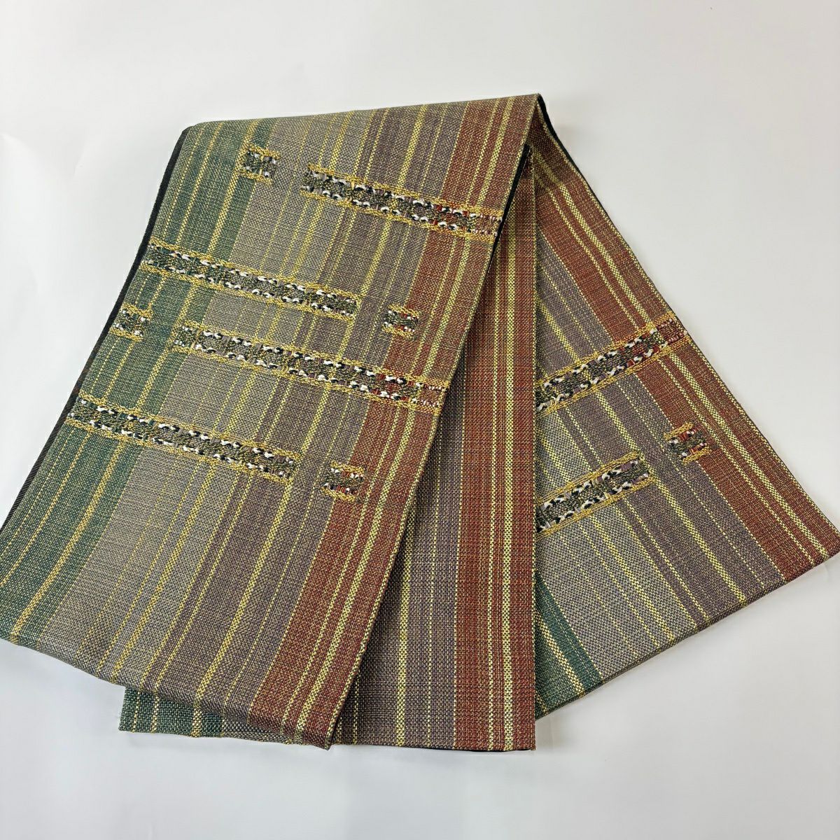 【美品】 袋帶 秀品級 幾何學 條紋 金絲 灰綠 大鼓圖案 純蠶絲