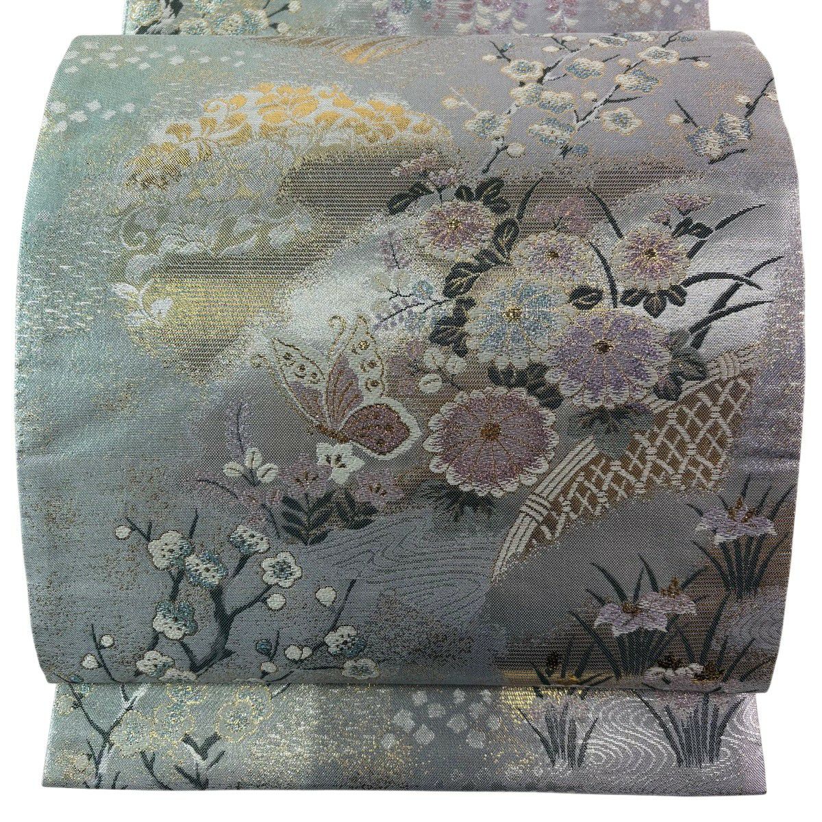 【美品】 袋帶 秀品級 草花紋 蝶 金金箔 銀 六通 純蠶絲