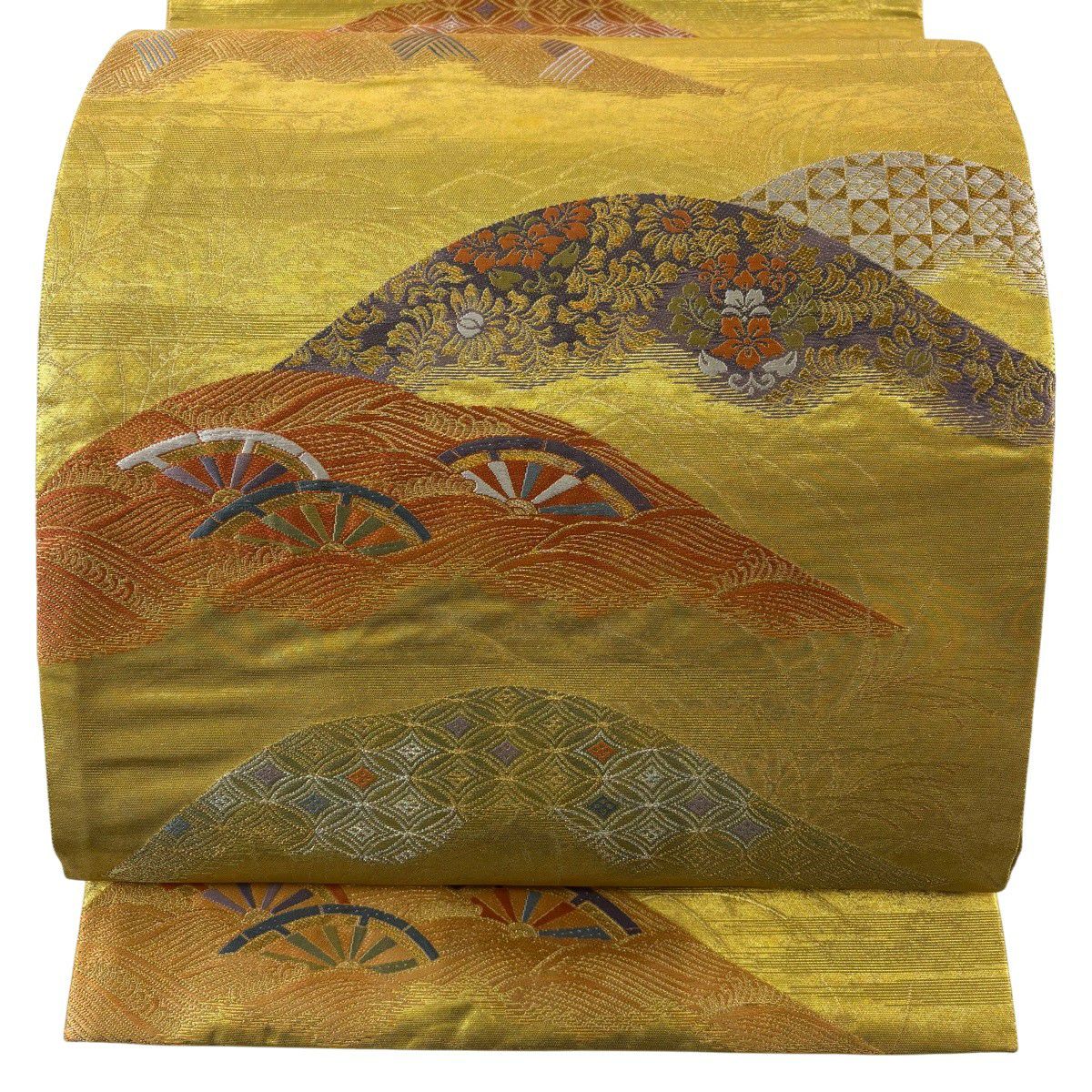 【美品】 袋帶 秀品級 山並 草花紋刺繡 金金箔 金色 大鼓圖案 純蠶絲