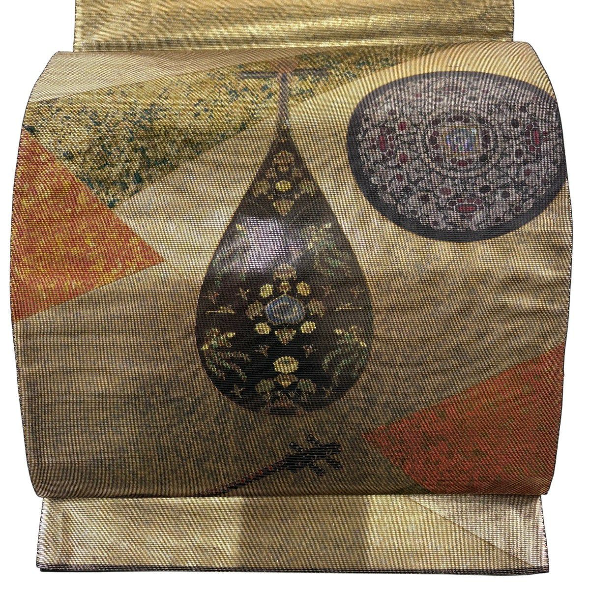 【美品】 袋帶 秀品級 關西仕立 雙面琵琶 鏡裏文 螺鈿 金金箔 金色 大鼓圖案 純蠶絲