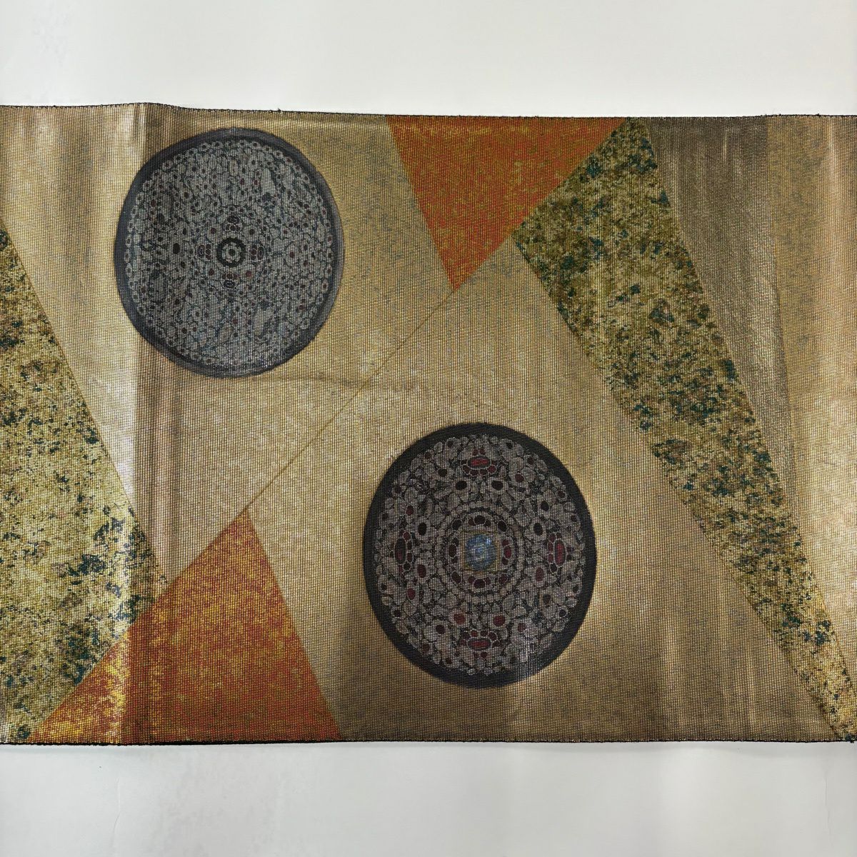 【美品】 袋帶 秀品級 關西仕立 雙面琵琶 鏡裏文 螺鈿 金金箔 金色 大鼓圖案 純蠶絲